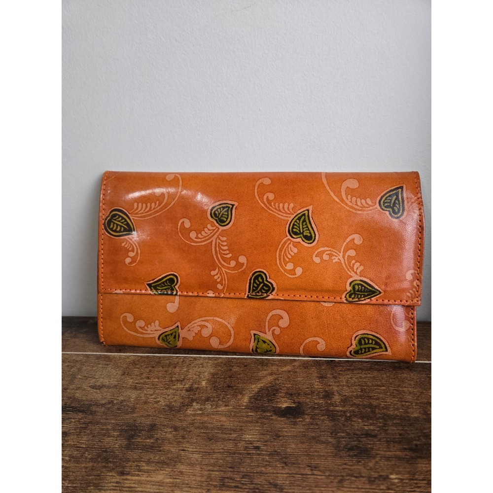 Hand Tooled Leather Leaf Print Clutch Wallet Orange Green Boho Slim Organizer
